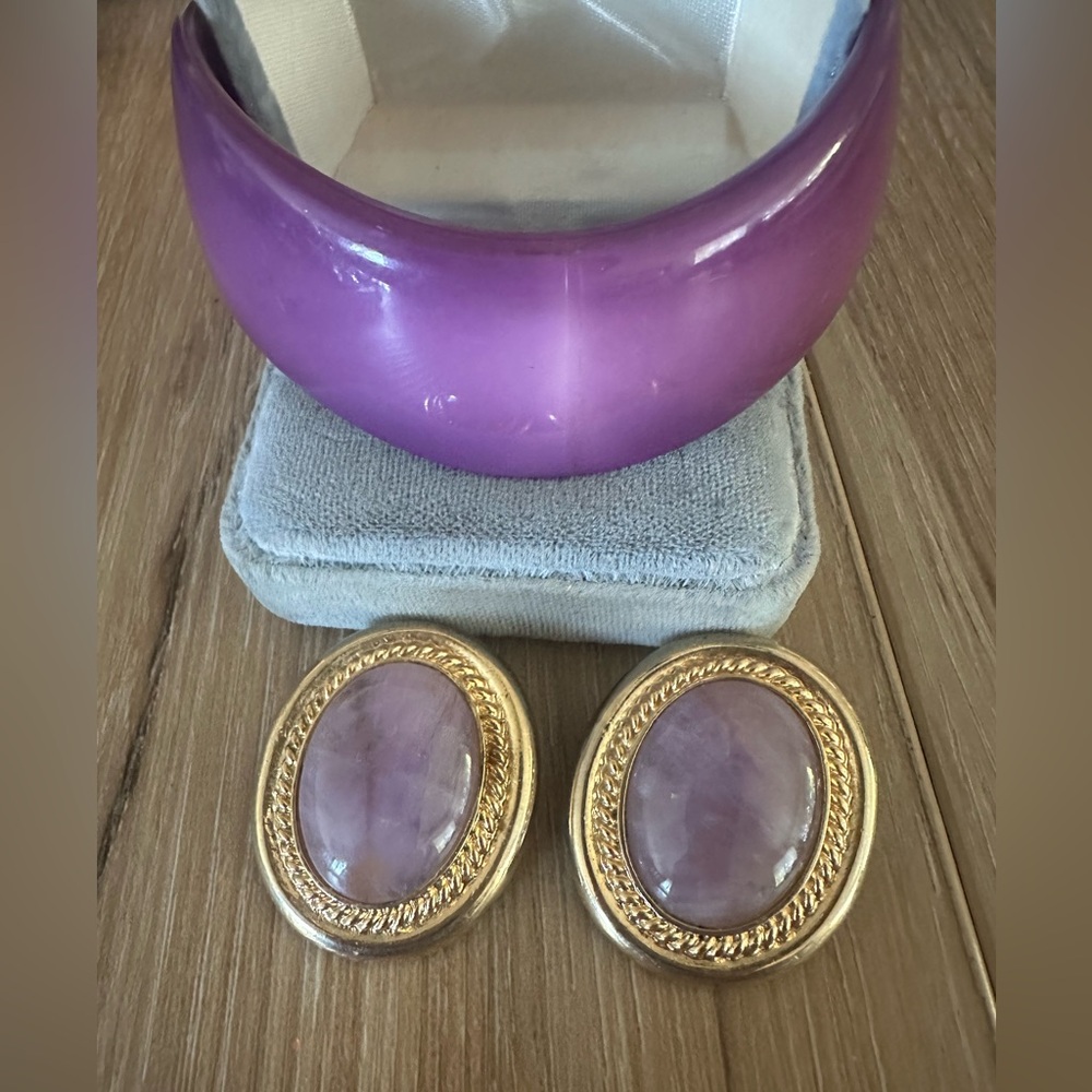 Vintage Chunky Bracelet with Glass Cabochon Clip On Earrings
